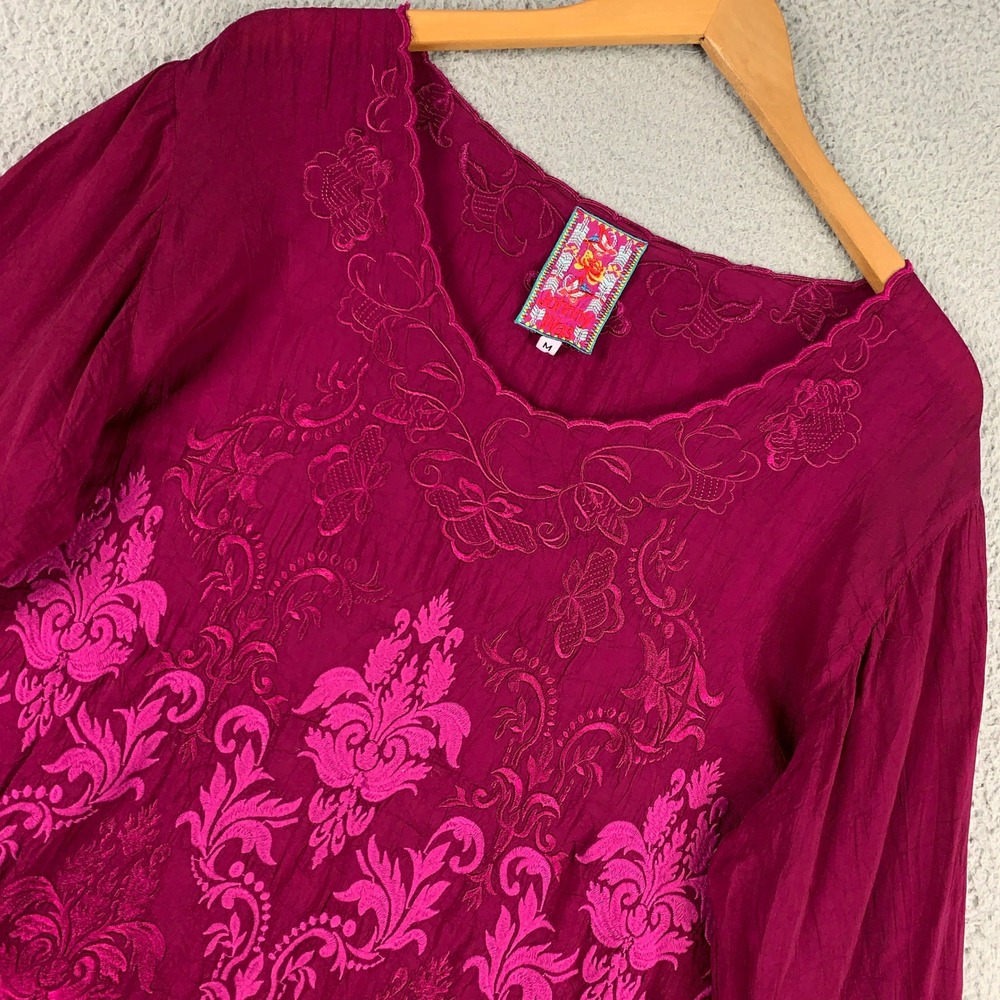 Johnny Was Biya Tunic Top Women's Medium Magenta Purple Boho Embroidered Peasant